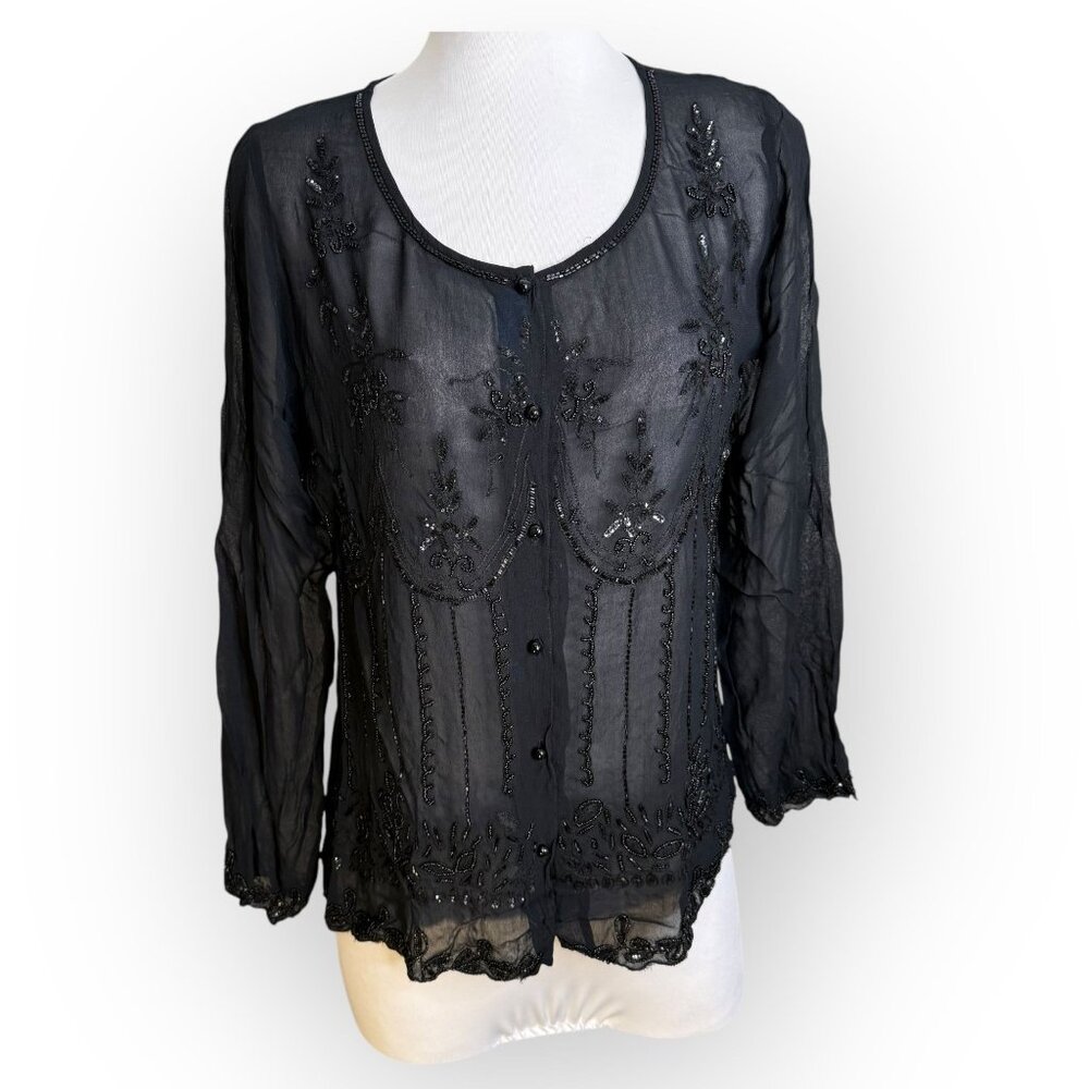 Vtg Soft Surroundings Sheer Beaded Black‎ Blouse